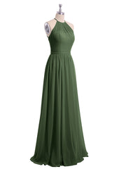 Halter Long Chiffon Gowns with Double Straps-Olive Green