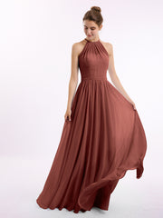 Halter Long Chiffon Gowns with Double Straps-Terracotta Plus Size