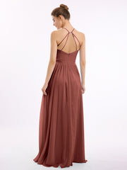Halter Long Chiffon Gowns with Double Straps-Terracotta