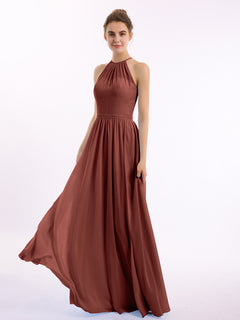 Halter Long Chiffon Gowns with Double Straps-Terracotta