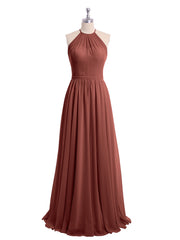 Halter Long Chiffon Gowns with Double Straps-Terracotta