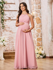 A-line Halter Empire Floor Length Chiffon Bridesmaid Gowns Dusty Rose