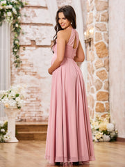 A-line Halter Empire Floor Length Chiffon Bridesmaid Gowns Dusty Rose