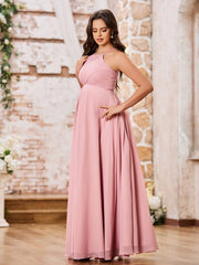 A-line Halter Empire Floor Length Chiffon Bridesmaid Gowns Dusty Rose
