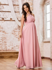 A-line Halter Empire Floor Length Chiffon Bridesmaid Gowns Dusty Rose