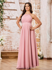 A-line Halter Empire Floor Length Chiffon Bridesmaid Gowns Dusty Rose