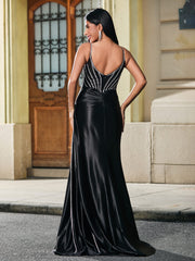 Diamond Corset Ruched High Slit Maxi Dress Black