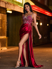 Diamond Corset Ruched High Slit Maxi Dress Burgundy