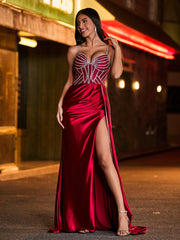 Diamond Corset Ruched High Slit Maxi Dress Burgundy