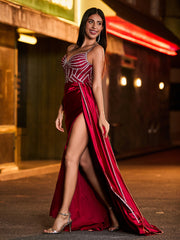 Diamond Corset Ruched High Slit Maxi Dress Burgundy