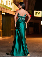 Diamond Corset Ruched High Slit Maxi Dress Dark Green