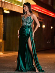 Diamond Corset Ruched High Slit Maxi Dress Dark Green