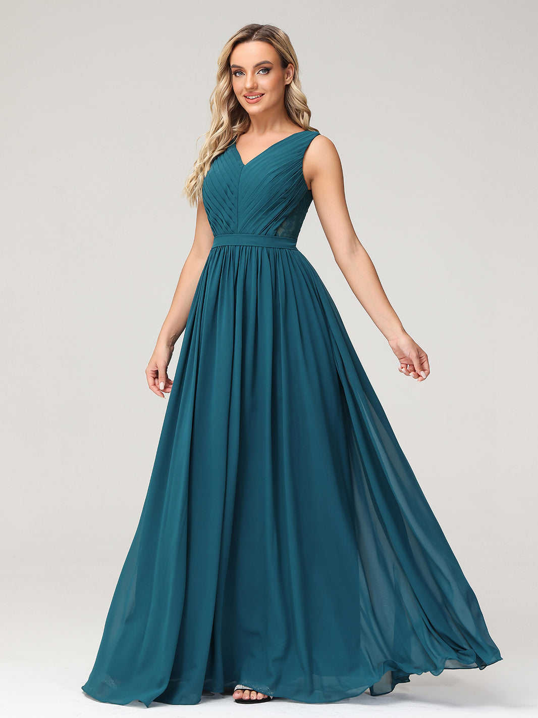 BABARONI V-neck Chiffon Dresses with Lace Back-Peacock, Peacock / US0