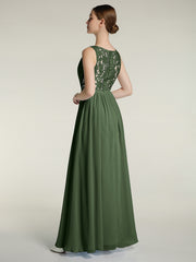 V-neck Chiffon Dresses with Lace Back-Olive Green