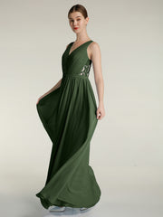 V-neck Chiffon Dresses with Lace Back-Olive Green