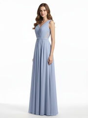V-neck Chiffon Dresses with Lace Back-Sky Blue