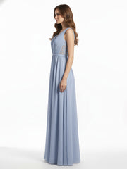 V-neck Chiffon Dresses with Lace Back-Sky Blue