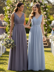 V-neck Chiffon Dresses with Lace Back-Sky Blue