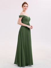 Off Shoulder Chiffon And Lace Empire Dress-Olive Green