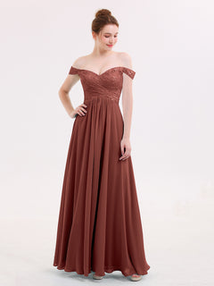 Off Shoulder Chiffon And Lace Empire Dress-Terracotta