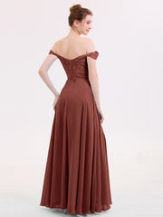 Off Shoulder Chiffon And Lace Empire Dress-Terracotta