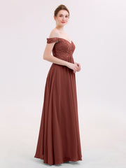 Off Shoulder Chiffon And Lace Empire Dress-Terracotta Plus Size