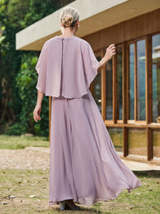 A-line Chiffon Dress with Diamond Neck Cape Dusk
