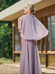 A-line Chiffon Dress with Diamond Neck Cape Dusk