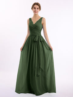 Lace Straps Long Chiffon Dresses with Bow Sash-Olive Green