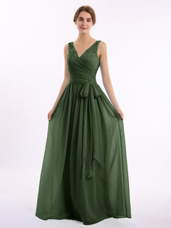 Lace Straps Long Chiffon Dresses with Bow Sash-Olive Green Plus Size