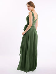 Lace Straps Long Chiffon Dresses with Bow Sash-Olive Green