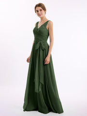 Lace Straps Long Chiffon Dresses with Bow Sash-Olive Green Plus Size