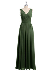 Lace Straps Long Chiffon Dresses with Bow Sash-Olive Green Plus Size