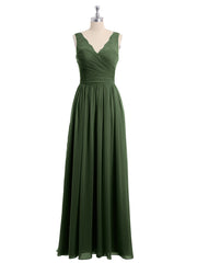 Lace Straps Long Chiffon Dresses with Bow Sash-Olive Green