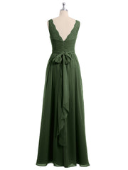 Lace Straps Long Chiffon Dresses with Bow Sash-Olive Green Plus Size