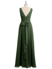 Lace Straps Long Chiffon Dresses with Bow Sash-Olive Green