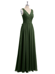 Lace Straps Long Chiffon Dresses with Bow Sash-Olive Green