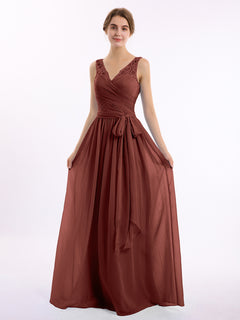 Lace Straps Long Chiffon Dresses with Bow Sash-Terracotta