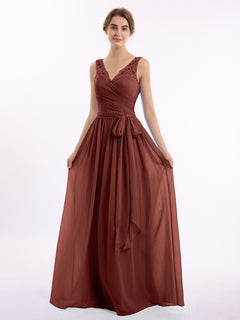 Lace Straps Long Chiffon Dresses with Bow Sash-Terracotta Plus Size