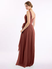 Lace Straps Long Chiffon Dresses with Bow Sash-Terracotta Plus Size