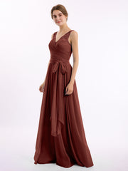 Lace Straps Long Chiffon Dresses with Bow Sash-Terracotta Plus Size