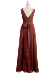 Lace Straps Long Chiffon Dresses with Bow Sash-Terracotta