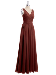 Lace Straps Long Chiffon Dresses with Bow Sash-Terracotta
