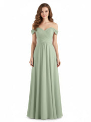 Off the Shoulder Empire Bridesmaid Dresses Dusty Sage