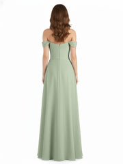 Off the Shoulder Empire Bridesmaid Dresses Dusty Sage