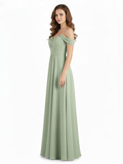 Off the Shoulder Empire Bridesmaid Dresses Dusty Sage
