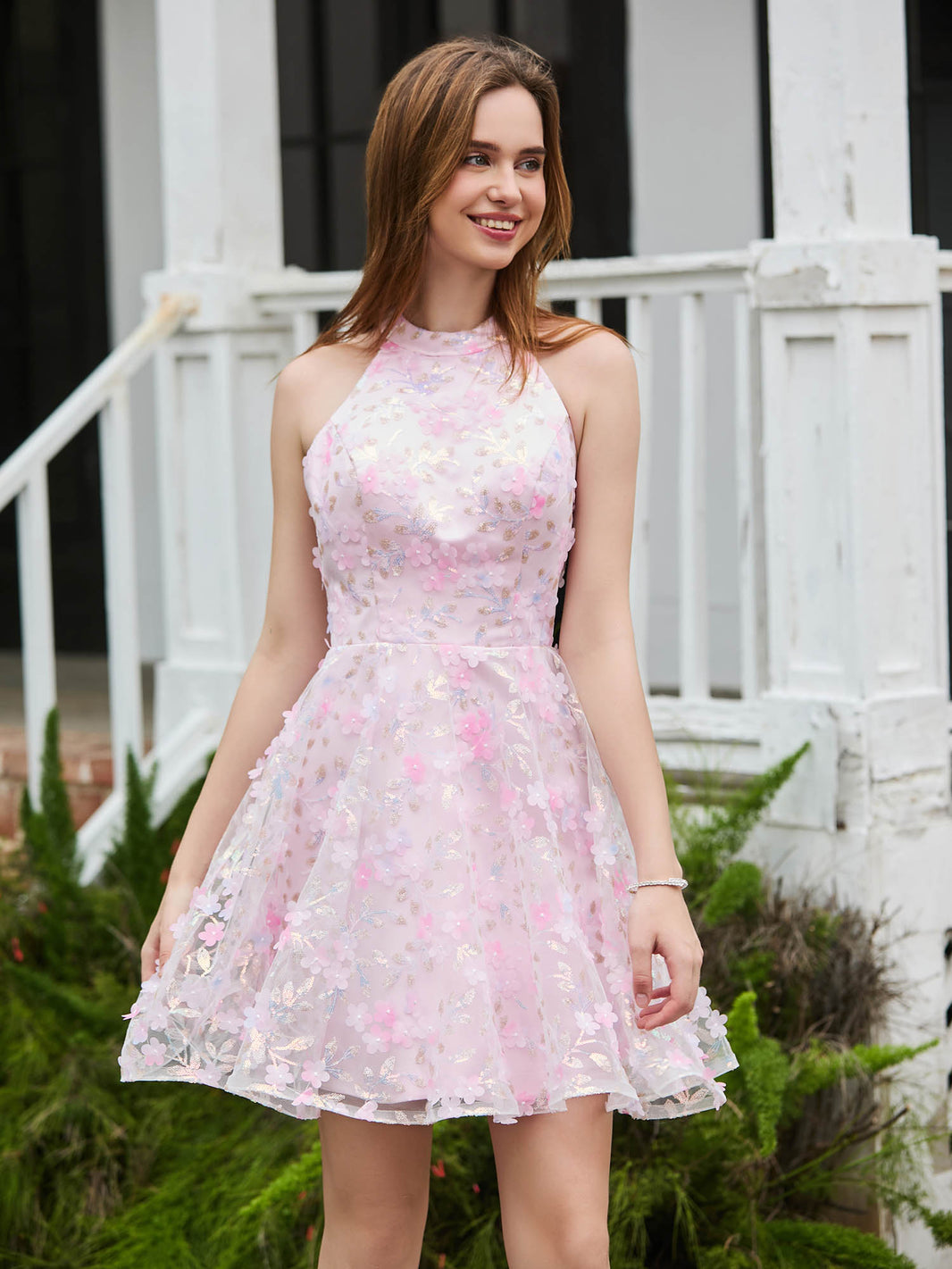Halter Chiffon Short Dresses With Pocket Blushing Pink Plus Size main image 1
