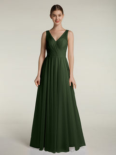 Illusion V-neck Tulle Long Dresses-Olive Green