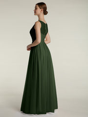 Illusion V-neck Tulle Long Dresses-Olive Green Plus Size