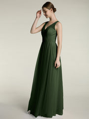 Illusion V-neck Tulle Long Dresses-Olive Green